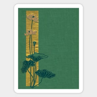 A vintage poetry book cover published in 1899, a minimalist design of pink water lilies on a green linen background, and a bar of hammered gold as an accent. Magnet